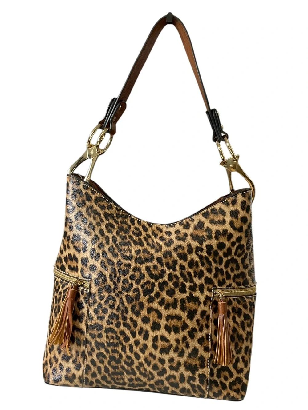 Jen & Co Leopard Print Hobo Bag with Tassel Zips - Brown